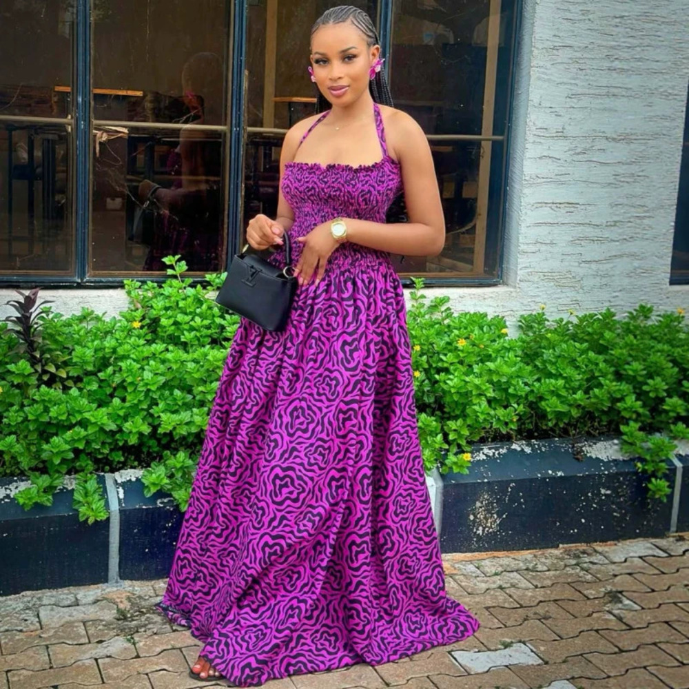 African Print Halter Neck Sleeveless Cinched Waist Pleated Maxi Dress for Women